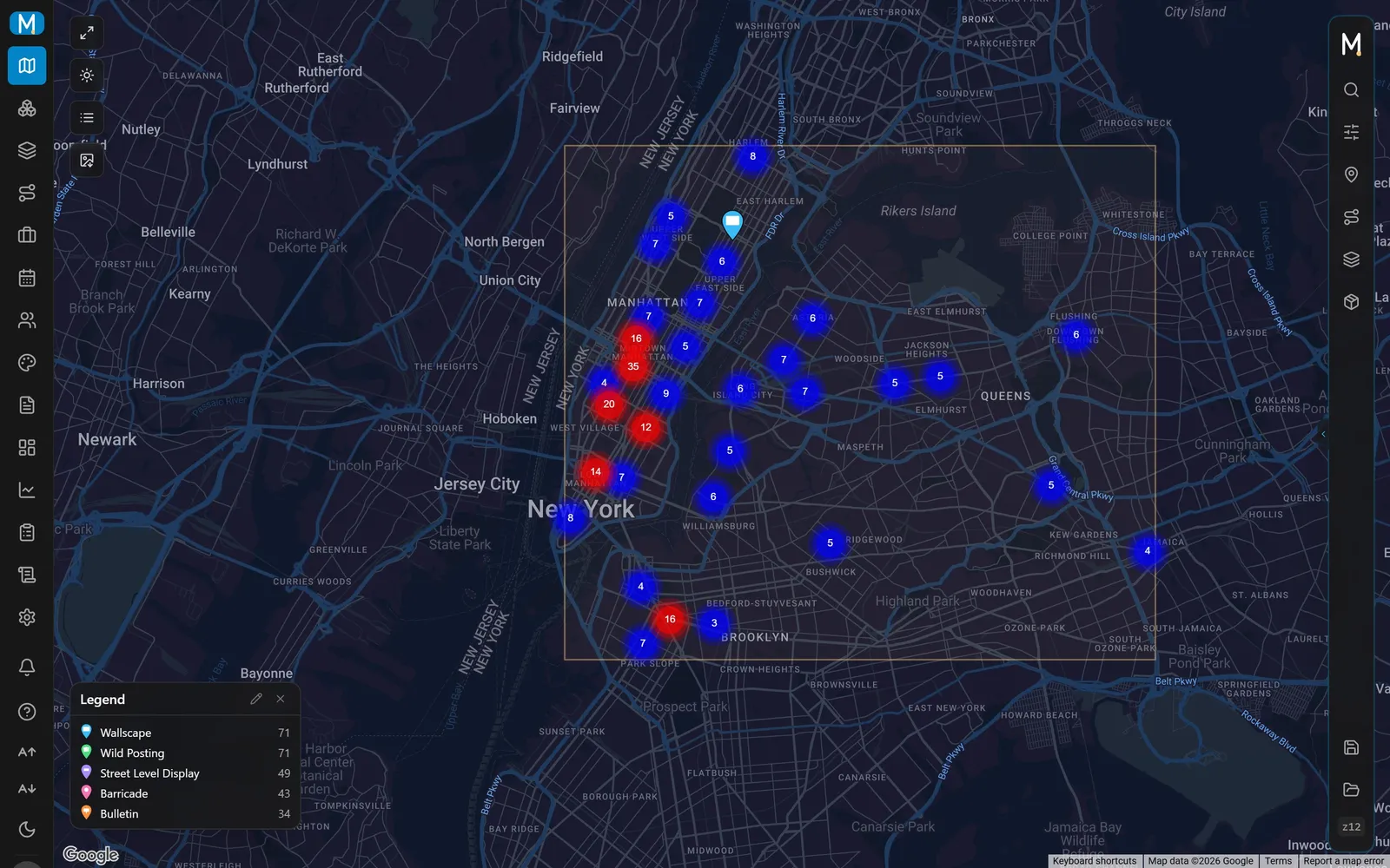 The whole book on a map: Every billboard, wallscape, and street-level display you sell, live on one map, colored by media type. One click on a marker shows its photo, size, impressions, and rate.