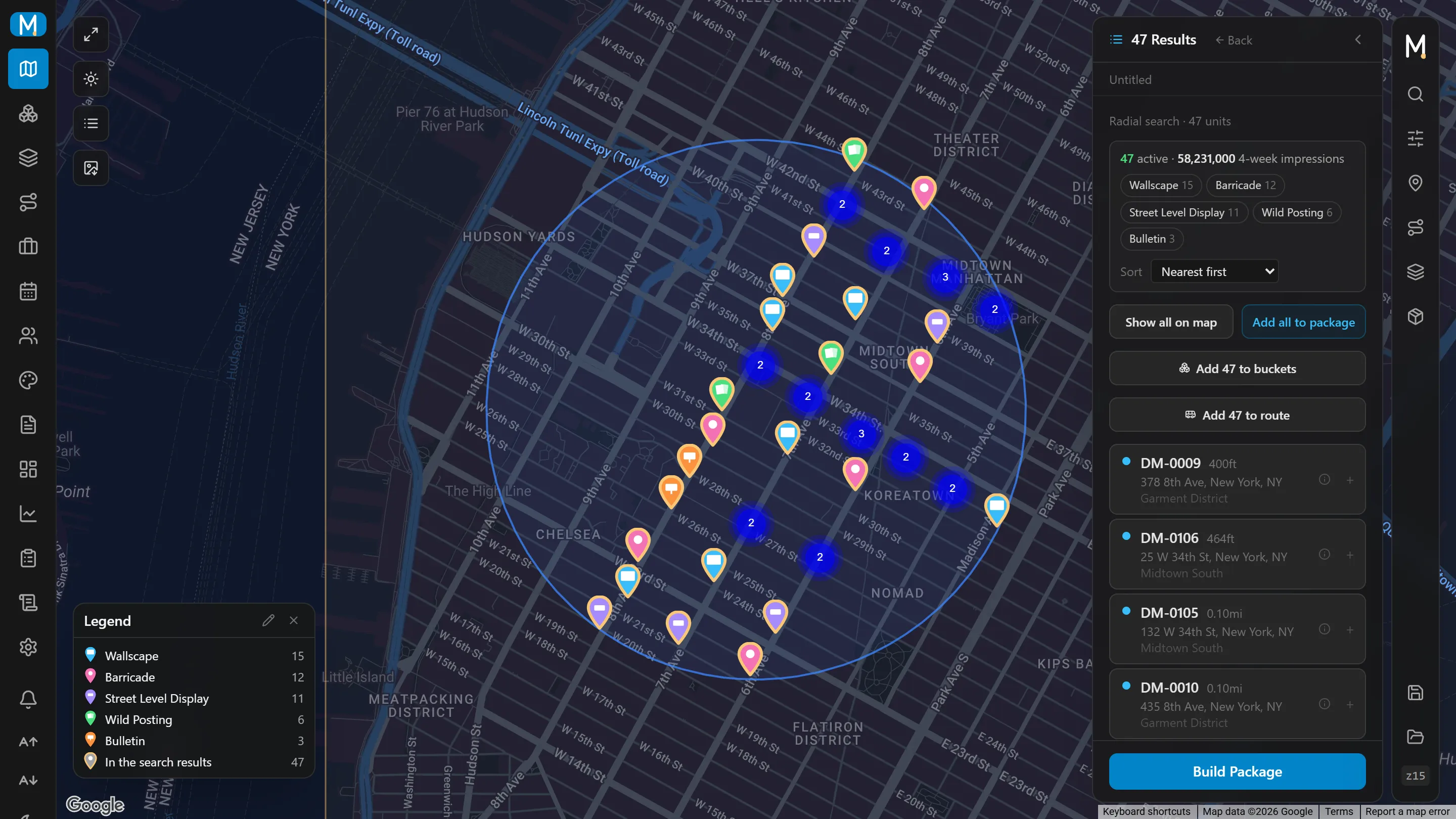 The MapWise map: a radius search in Midtown Manhattan, with the matching units listed beside the map and a legend of media types.